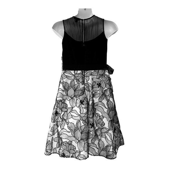 SLNY Mesh & Knit Black White Cocktail Party Guest Retro Knee Length Twofer Dress - Picture 6 of 12